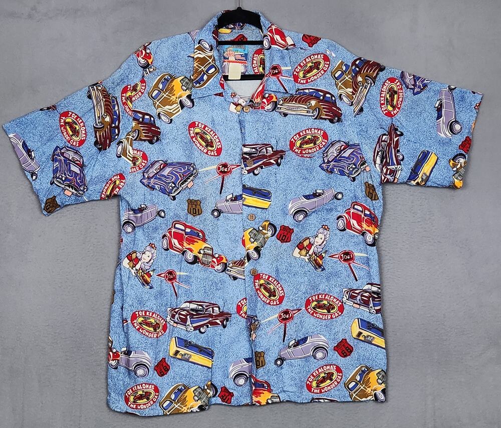 REYN SPOONER Hawaiian Shirt Mens Large Blue Classic Cars The Wonder Gas Route 66